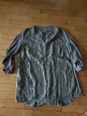 Gray Lace-Overlay Women's Blouse - Casual Button Top